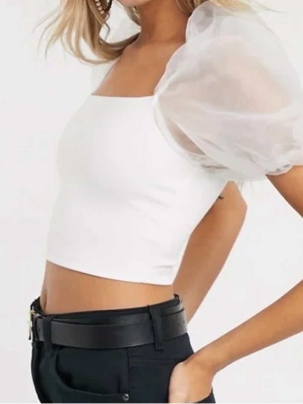Aritzia White Square-Neck Crop Top with Sheer Puff Sleeves